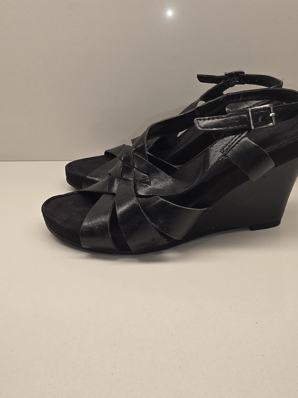 AEROSOLES Black Strappy Leather Wedge Sandals - Women - Picture 2 of 8